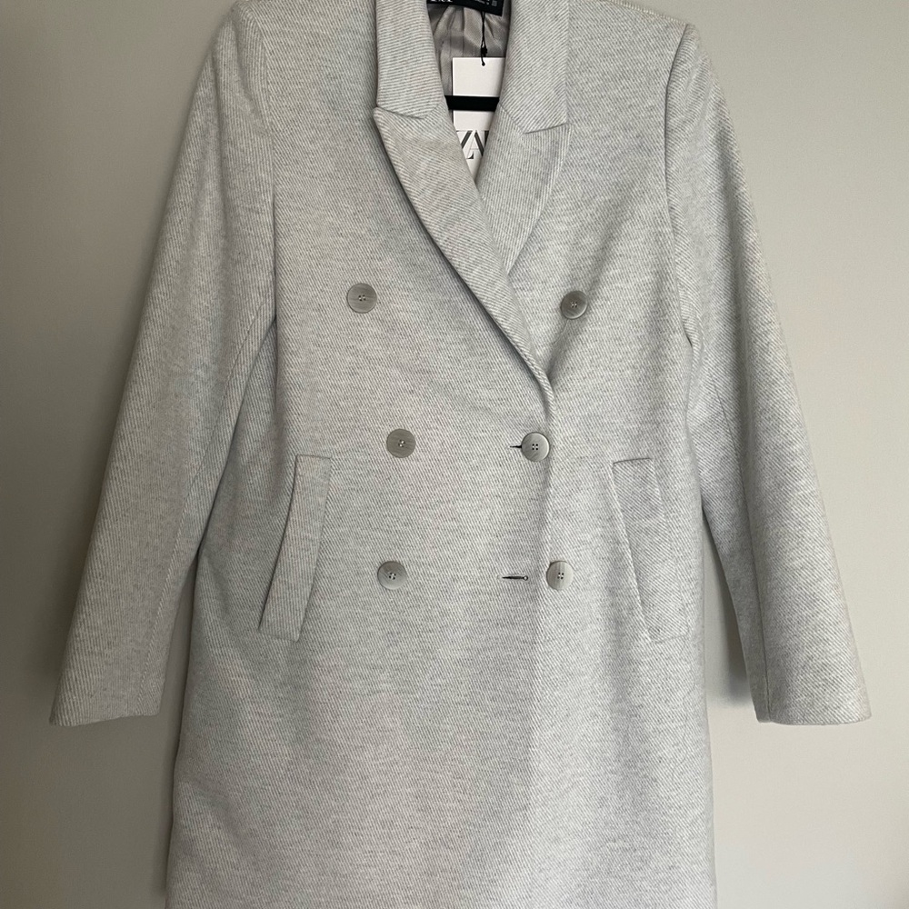 Zara Women's Light Gray Double-Breasted Pea Coat